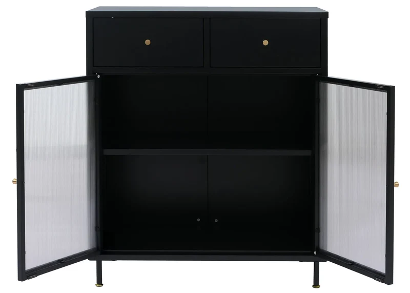 Commode industrielle en métal noir avec portes en verre strié 2 tiroirs et étagère réglable 96x80x40 cm 04_0008874