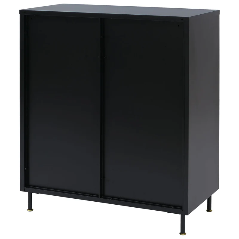 Commode industrielle en métal noir avec portes en verre strié 2 tiroirs et étagère réglable 96x80x40 cm 04_0008874