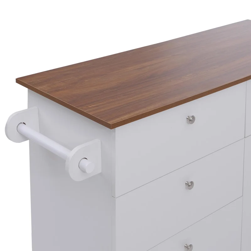 Îlot de cuisine avec 2 tabourets meuble de rangement avec 4 tiroirs et 2 portes 90x131x47 cm blanc et bois clair 04_0008793