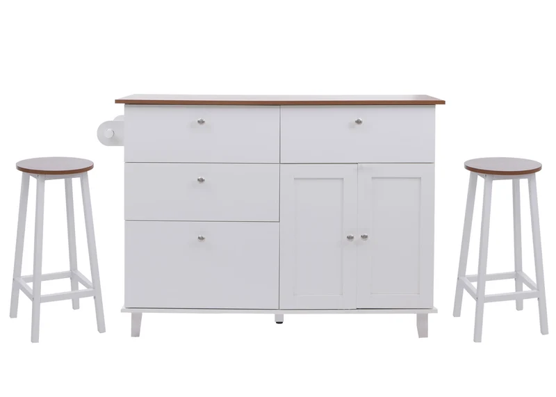 Îlot de cuisine avec 2 tabourets meuble de rangement avec 4 tiroirs et 2 portes 90x131x47 cm blanc et bois clair 04_0008793