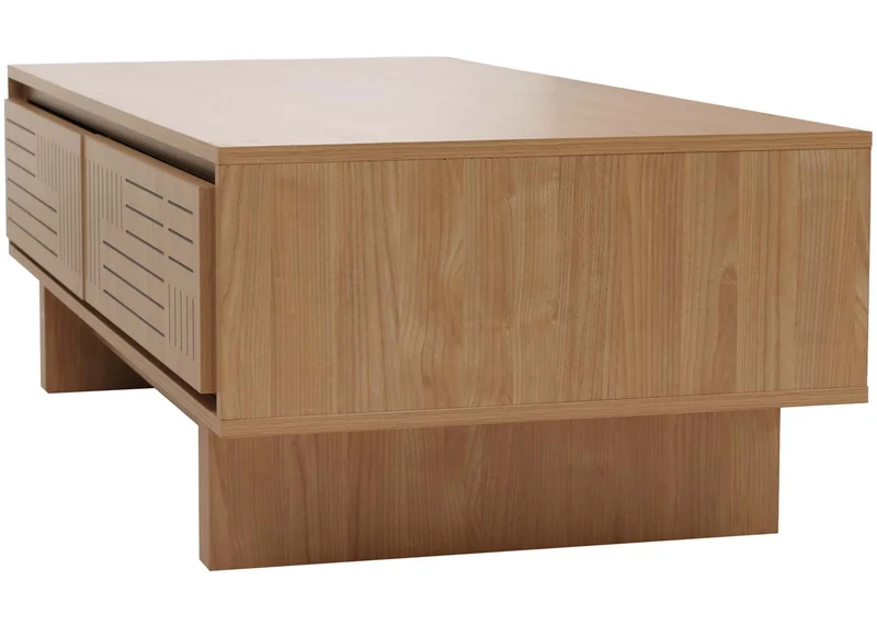 Table basse rectangulaire moderne avec 2 tiroirs et 2 espaces de rangement 40 x 120 x 60 cm en mélaminé naturel 04_0009386