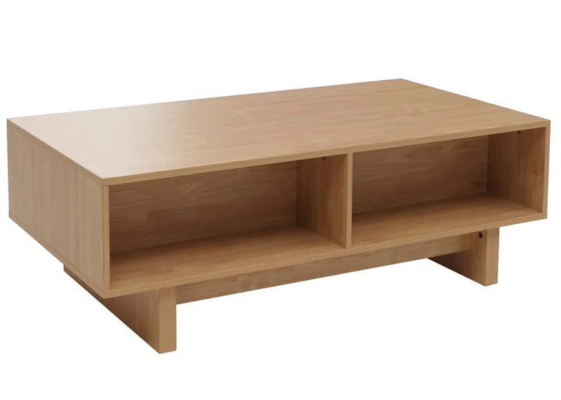 Table basse rectangulaire moderne avec 2 tiroirs et 2 espaces de rangement 40 x 120 x 60 cm en mélaminé naturel 04_0009386