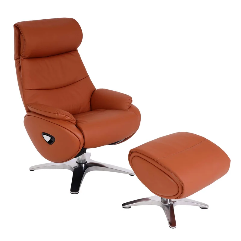 Fauteuil de relaxation avec repose-pieds fonction inclinable rotatif en cuir véritable marron 04_0006823