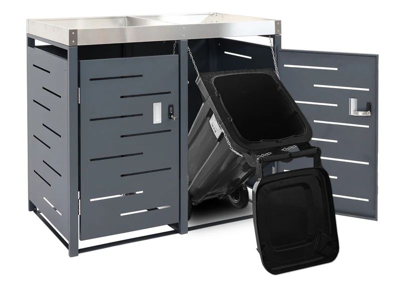 Cache poubelles triple 3 bacs 80 à 120l avec bac à plantes inox et acier galvanisé 110x175x62 cm 04_0010366