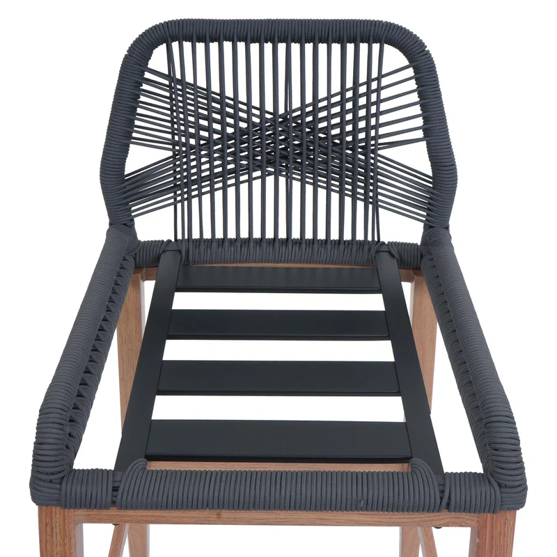 Lot de 2 tabourets de bar extérieur avec dossier cordage élastique décoratif gris foncé et repose-pieds structure acier effet bois coussins taupe 04_0009646