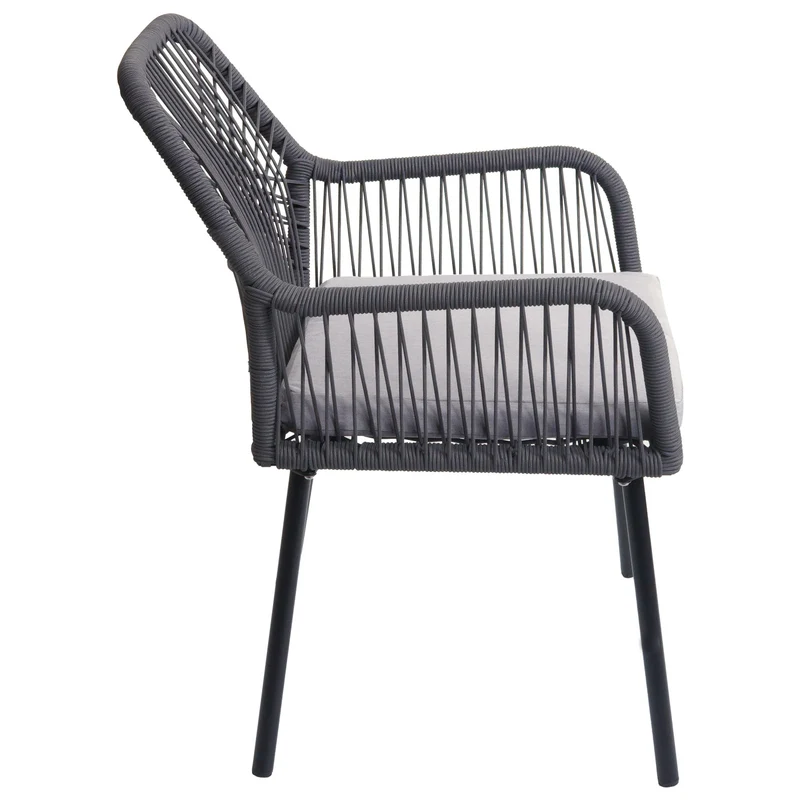 Lot de 2 chaises de jardin motif graphique aéré en aluminium anthracite corde tressée et coussins gris inclus 04_0009695
