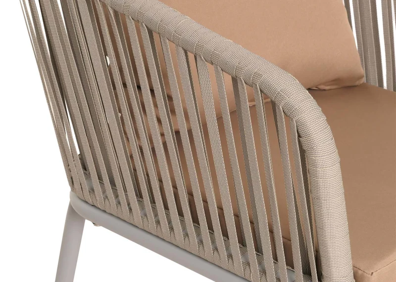Salon de jardin avec table 180x80 cm + 6 chaises en aluminium et corde tressée gris coussins taupe 04_0010087