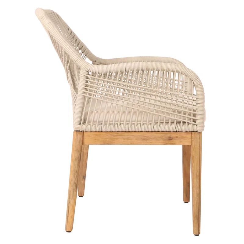 Chaise de jardin moderne résistant aux intempériese en bois d’acacia dossier arrondi en corde tressée crème coussin crème 04_0010101