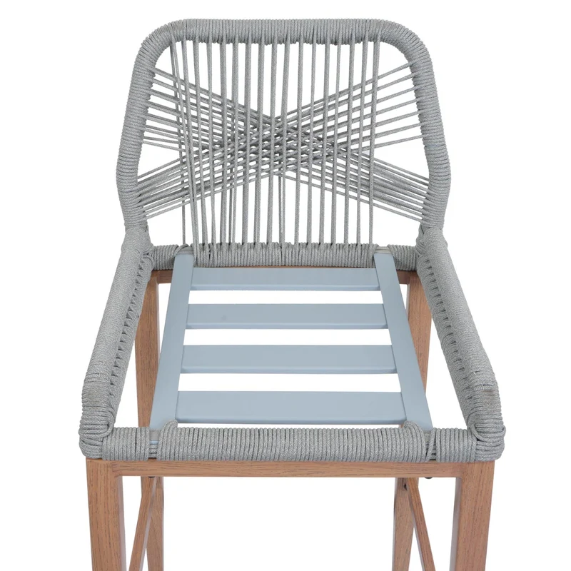 Lot de 2 tabourets de bar extérieur avec dossier cordage élastique décoratif et repose-pieds structure acier effet bois coussins gris clair 04_0009641