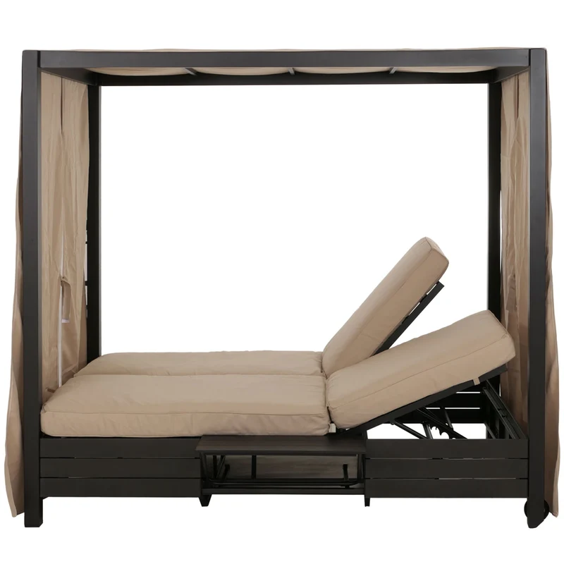 Lit de jardin double avec fonction bain de soleil avec rideaux coussin crème 10 cm en aluminium noir 04_0009741