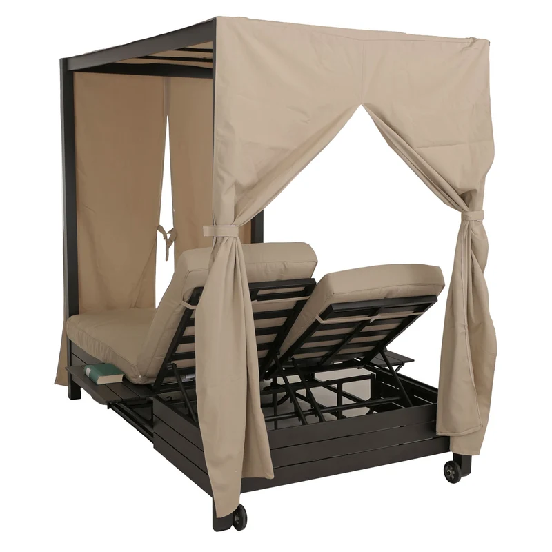 Lit de jardin double avec fonction bain de soleil avec rideaux coussin crème 10 cm en aluminium noir 04_0009741