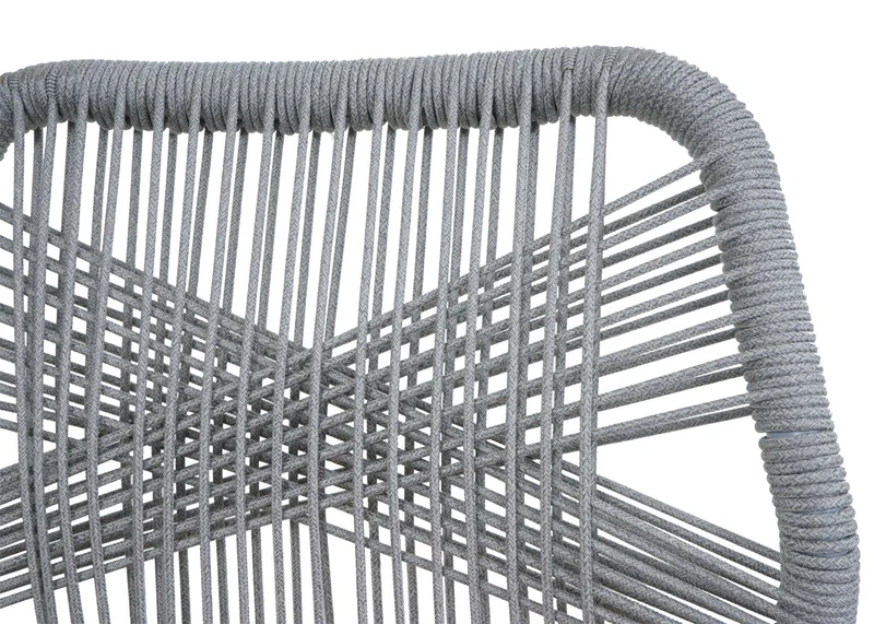 Lot de 2 tabourets de bar extérieur avec dossier cordage élastique décoratif gris clair et repose-pieds structure acier effet bois coussins taupe 04_0009642