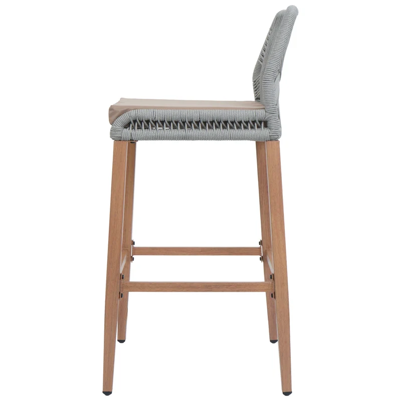 Lot de 2 tabourets de bar extérieur avec dossier cordage élastique décoratif gris clair et repose-pieds structure acier effet bois coussins taupe 04_0009642