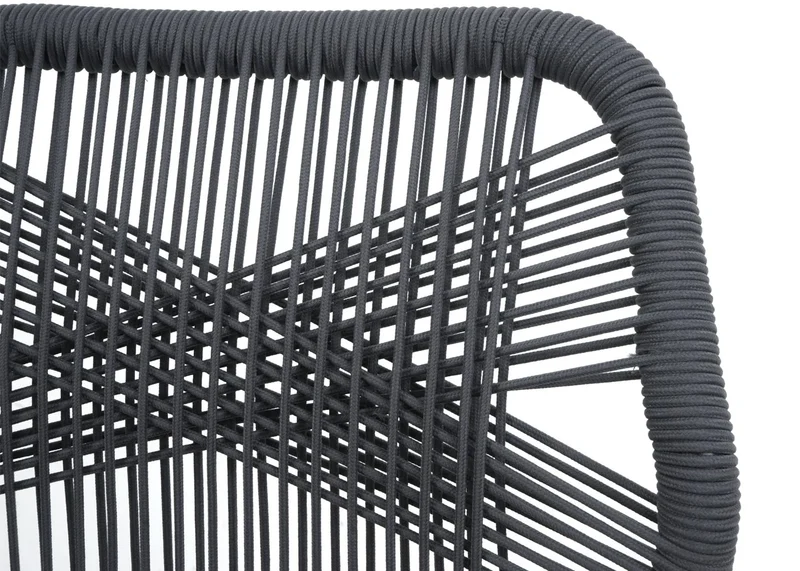 Lot de 2 tabourets de bar extérieur avec dossier cordage élastique décoratif gris foncé et repose-pieds structure acier effet bois coussins gris clair 04_0009644