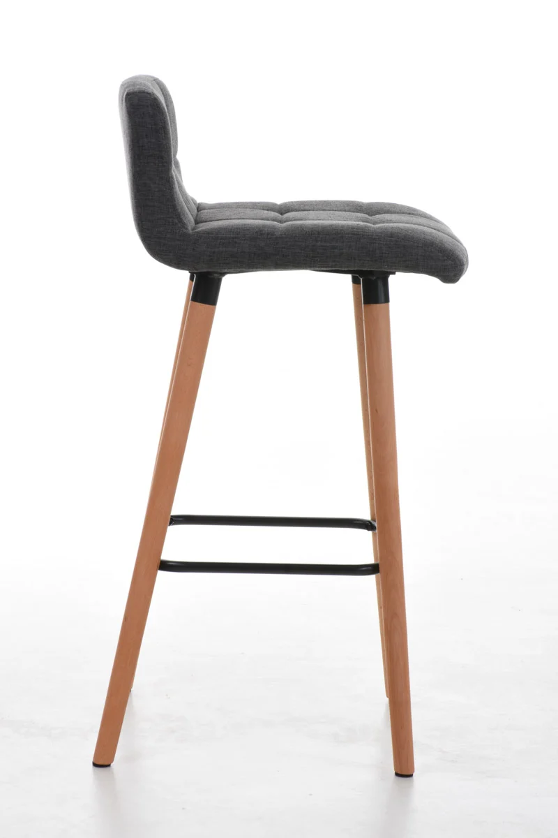 Tabouret de bar en tissu gris clair coutures décoratives pieds en bois avec repose-pieds 10_0000047