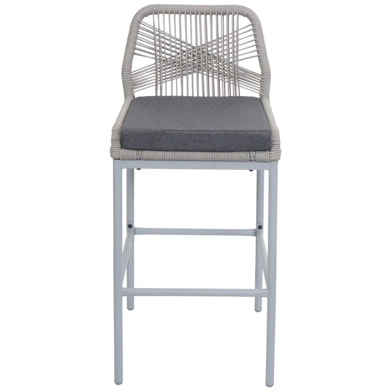 Lot de 2 tabourets de bar avec dossier et repose-pieds extérieur intérieur hauteur 76 cm structure métal tressage corde gris clair coussin gris foncé 04_0009634