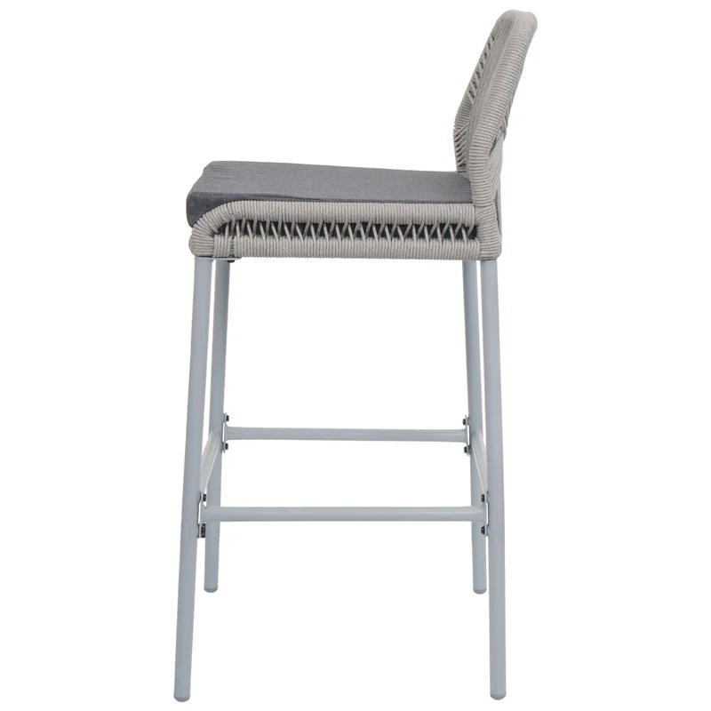 Lot de 2 tabourets de bar avec dossier et repose-pieds extérieur intérieur hauteur 76 cm structure métal tressage corde gris clair coussin gris foncé 04_0009634