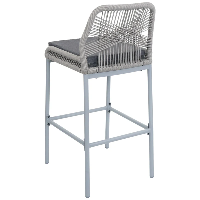 Lot de 2 tabourets de bar avec dossier et repose-pieds extérieur intérieur hauteur 76 cm structure métal tressage corde gris clair coussin gris foncé 04_0009634