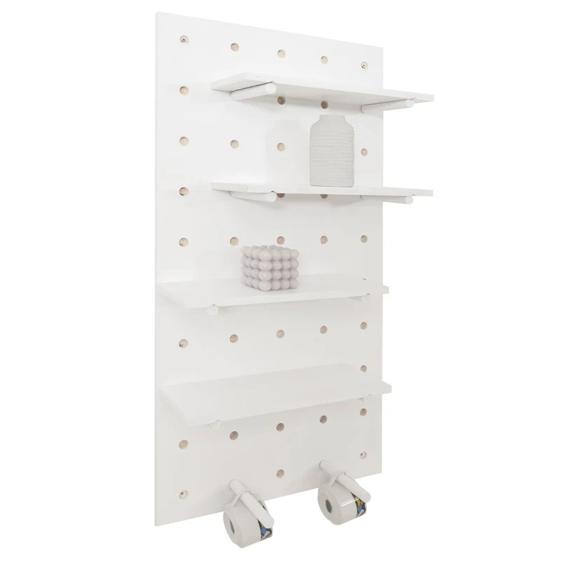 Panneau mural modulable étagère murale avec planches et tiges 100 x 50 cm système perforé contreplaqué blanc 04_0009082