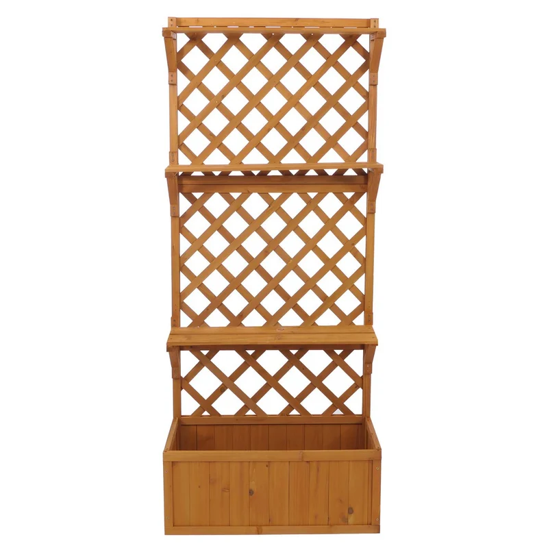 Bac à fleurs surélevé avec treillis et étagères jardinière brise-vue naturel balcon 177 x 77 x 33 cm en bois 04_0008919