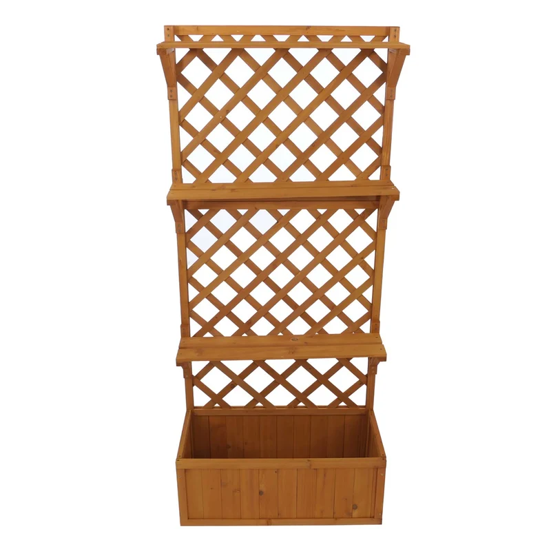Bac à fleurs surélevé avec treillis et étagères jardinière brise-vue naturel balcon 177 x 77 x 33 cm en bois 04_0008919