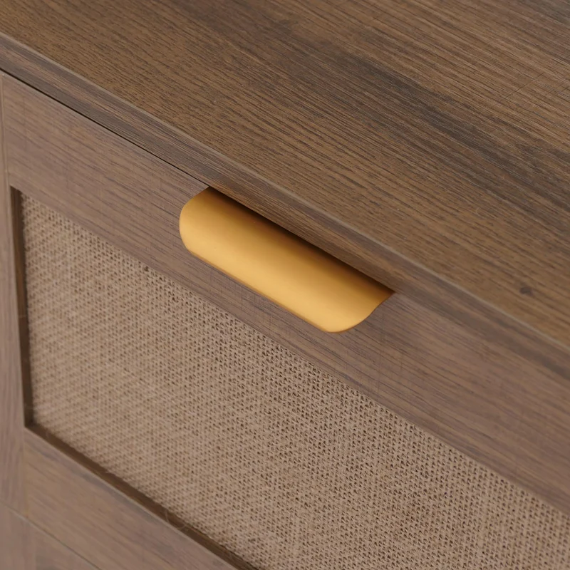 Commode 3 tiroirs et 2 compartiments façade effet lin 80 x 80 x 40 cm MDF mélaminé marron poignées dorées 04_0008721