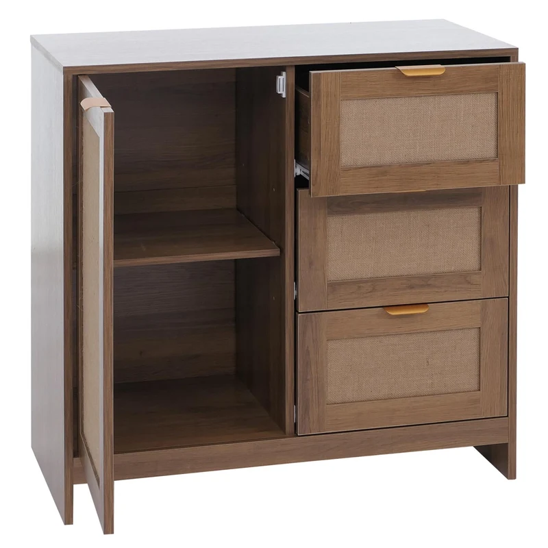 Commode 3 tiroirs et 2 compartiments façade effet lin 80 x 80 x 40 cm MDF mélaminé marron poignées dorées 04_0008721