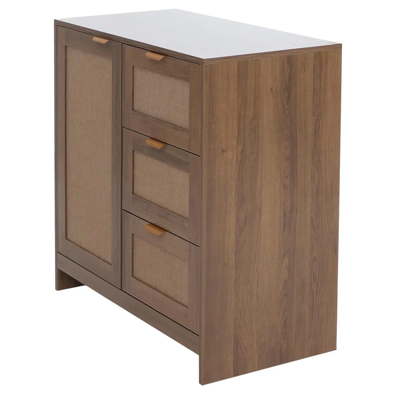 Commode 3 tiroirs et 2 compartiments façade effet lin 80 x 80 x 40 cm MDF mélaminé marron poignées dorées 04_0008721