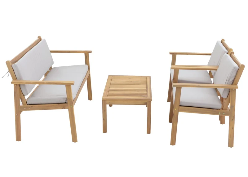 Salon de jardin en acacia ensemble lounge avec table banc et 2 chaises coussins gris 04_0009664