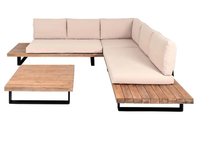 Salon de jardin 5 places avec canapé d’angle table et tablettes latérales ensemble lounge en aluminium et acacia coussins beige 04_0010288