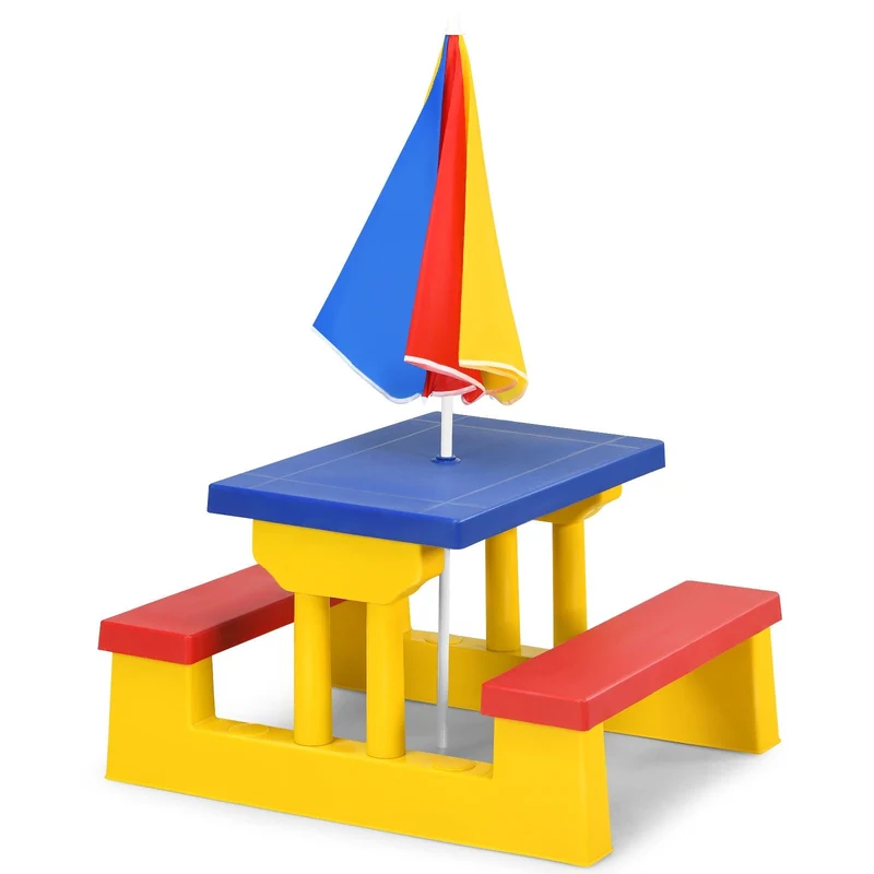 Ensemble de jardin pour enfant ensemble table et banc enfant en pp avec parasol multicolore 20_0000560