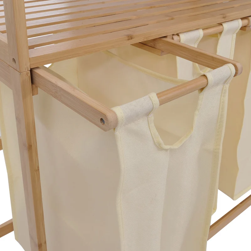 Lot de 3 paniers à linge pratiques pour salle de bain avec étagères 125 x 80 x 40 cm design épuré en bambou naturel et crème 04_0008767