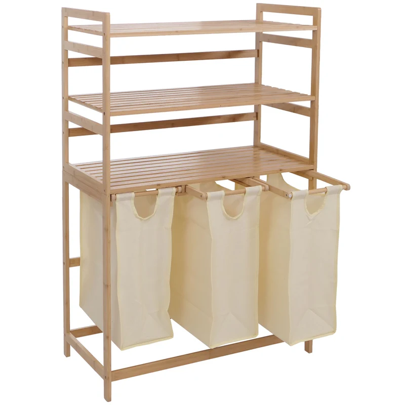 Lot de 3 paniers à linge pratiques pour salle de bain avec étagères 125 x 80 x 40 cm design épuré en bambou naturel et crème 04_0008767