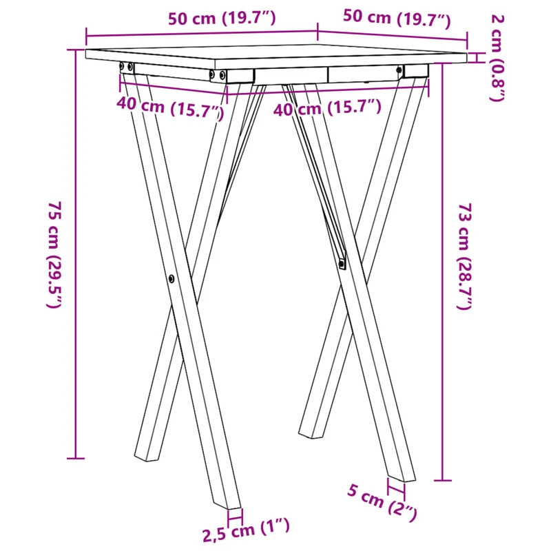 Table d'appoint design industriel cadre en X 50 x 50 x 75 cm bois de pin massif et acier DEC036810