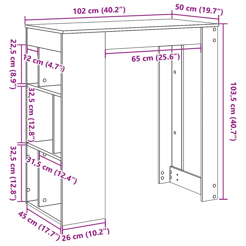 Table de bar avec 6 compartiments de rangement – finition chêne artisanal – 102 × 50 × 103,5 cm DEC036361