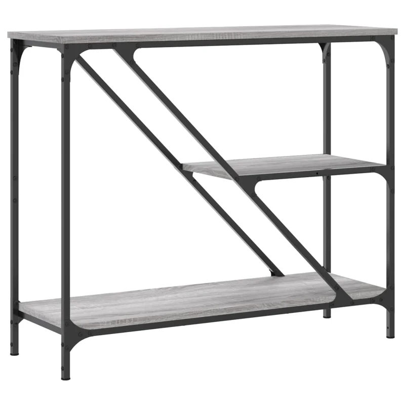 Console industrielle avec étagères structure acier et plateaux effet bois gris 88,5 x 30 x 75 cm DEC032252