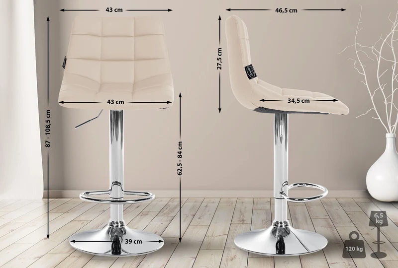 Lot de 2 tabourets de bar en synthétique crème base métal chromé réglable en hauteur et repose-pieds TDB10639