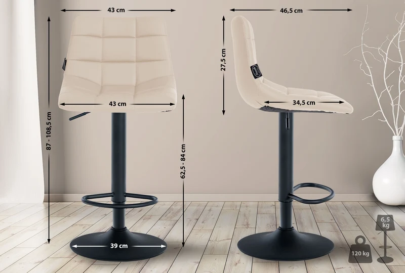 Lot de 2 tabourets de bar en synthétique crème base métal noir mat réglable en hauteur et repose-pieds TDB10635
