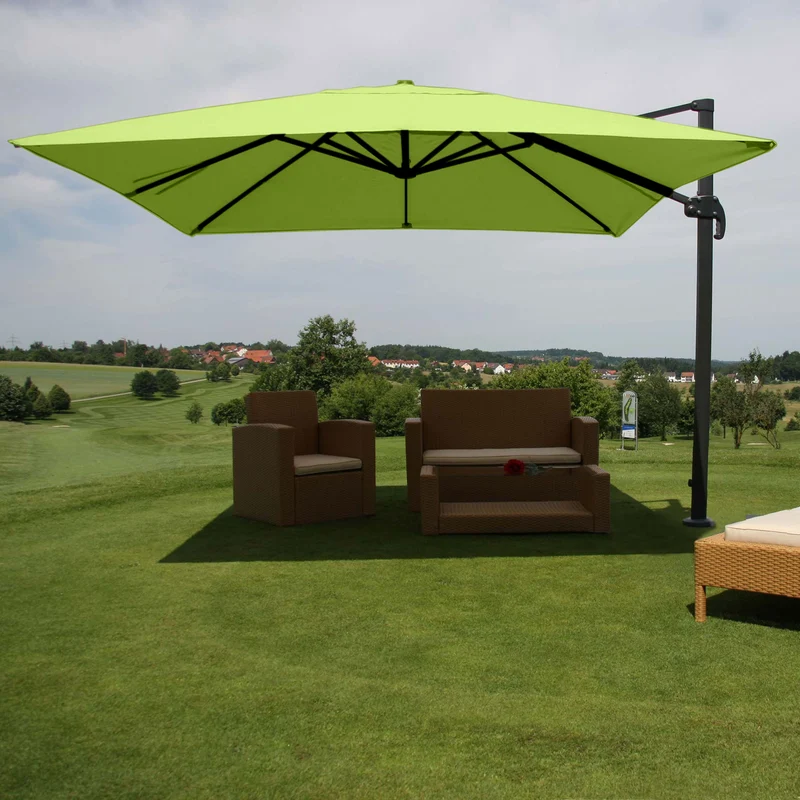 Parasol professionnel restaurant pour jardin terrasse 3x3m (Ø4,24m) polyester aluminium/acier 23kg vert sans pied, rotatif 04_0003449
