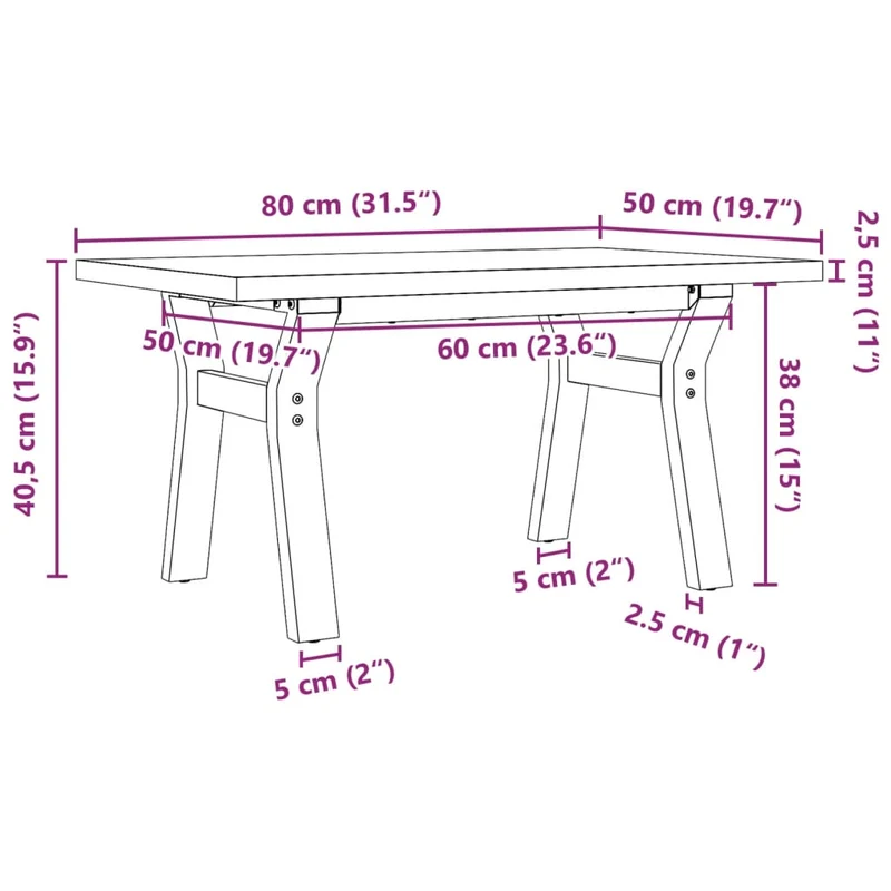 Table basse rectangulaire style industriel cadre en y 80 x 50 x 40,5cm bois de pin et acier DEC036292