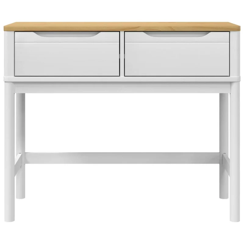 Table console avec deux tiroirs 89,5 x 36,5 x 73 cm bois de pin et MFD blanc et chêne DEC031988