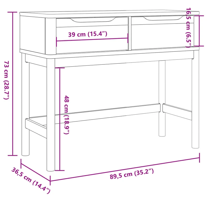 Table console avec deux tiroirs 89,5 x 36,5 x 73 cm bois de pin et MFD blanc et chêne DEC031988