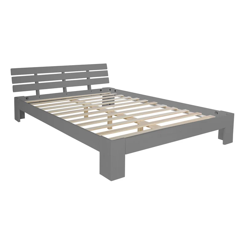 Lit double 2 personnes pour adulte avec sommier à lattes en bois gris 160x 200 cm LIT06210