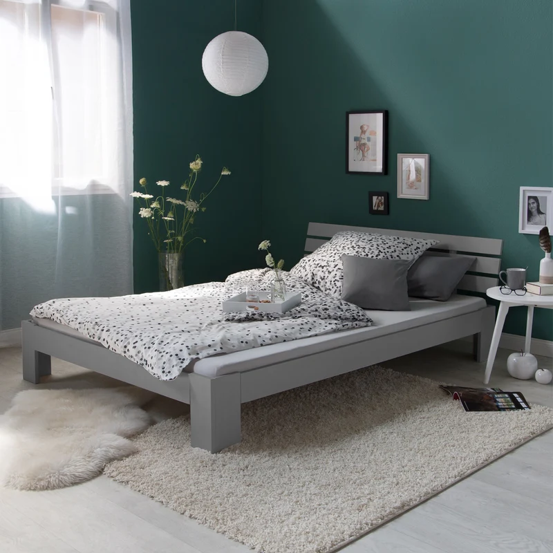 Lit double 2 personnes pour adulte avec sommier à lattes en bois gris 160x 200 cm LIT06210