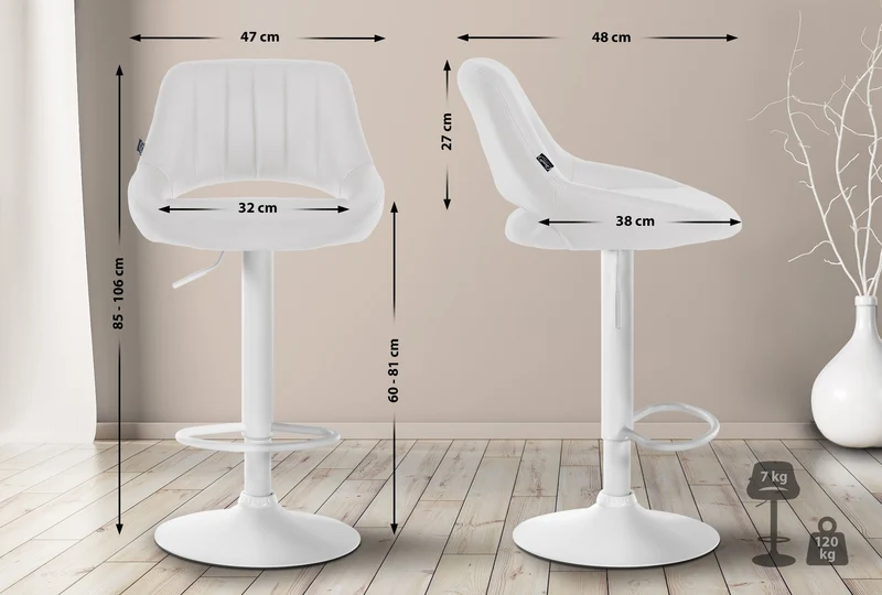 Lot de 2 tabourets de bar chaises hautes réglables en PVC blanc dossier ajouré et pied métal blanc 10_0006492