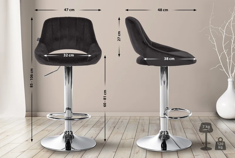 Tabouret de bar x1 avec repose-pieds pivotant et réglable en velours noir et métal 10_0005216