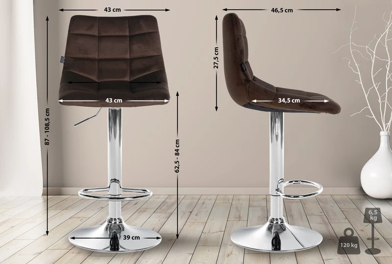 Lot de 2 tabourets de bar en velours marron base métal chromé réglable en hauteur et repose-pieds TDB10630