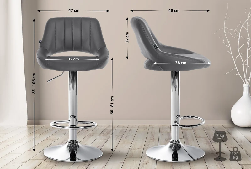 Tabouret de bar x1 avec repose-pieds pivotant et réglable en PVC gris et métal 10_0005211