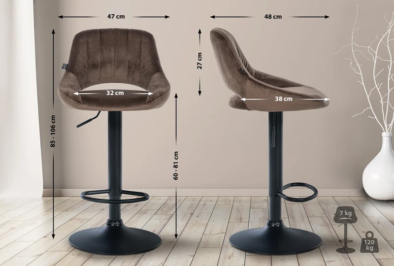 Lot de 2 tabourets de bar réglables en velours marron dossier ajouré et pied métal noir 10_0005583