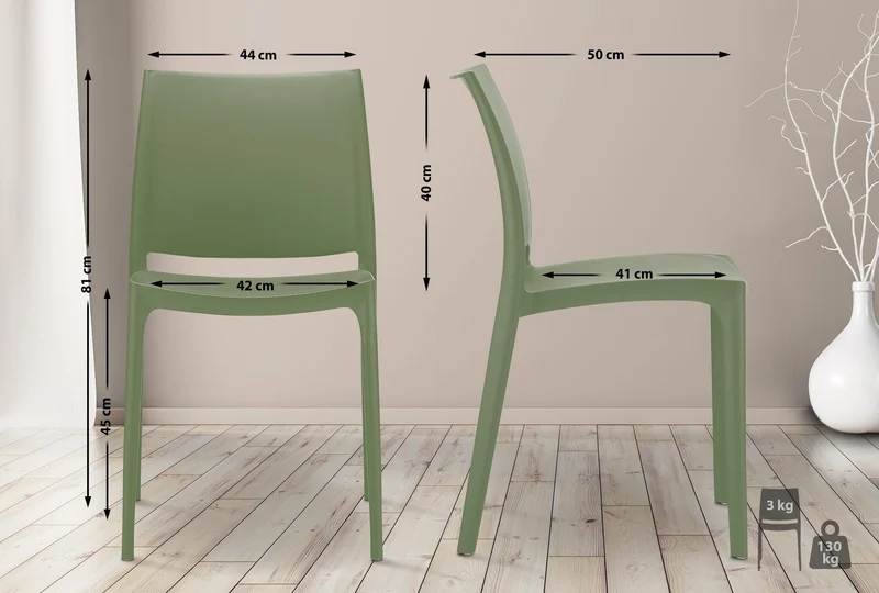 Chaise moderne empilable en polypropylène couleur olive – Résistante aux UV et à l’eau intérieur / extérieur 10_0007941